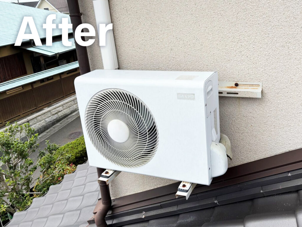 エアコン室外機壁掛け工事 施工後。新しくなった室外機 愛媛県松山市田川電工の施工事例